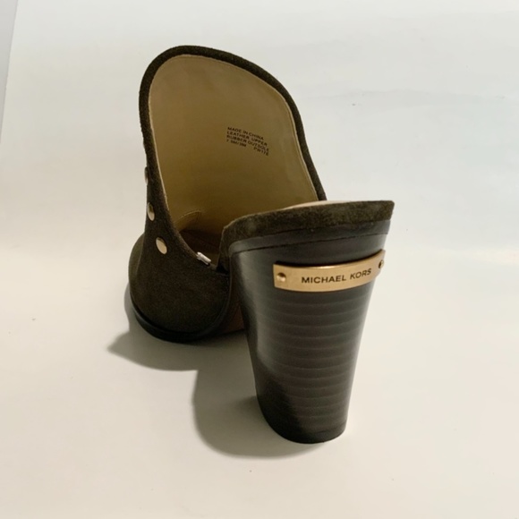 Michael Kors Louise Suede Mules Olive Studded Stacked Block Heel Slip On Clog - Picture 13 of 15
